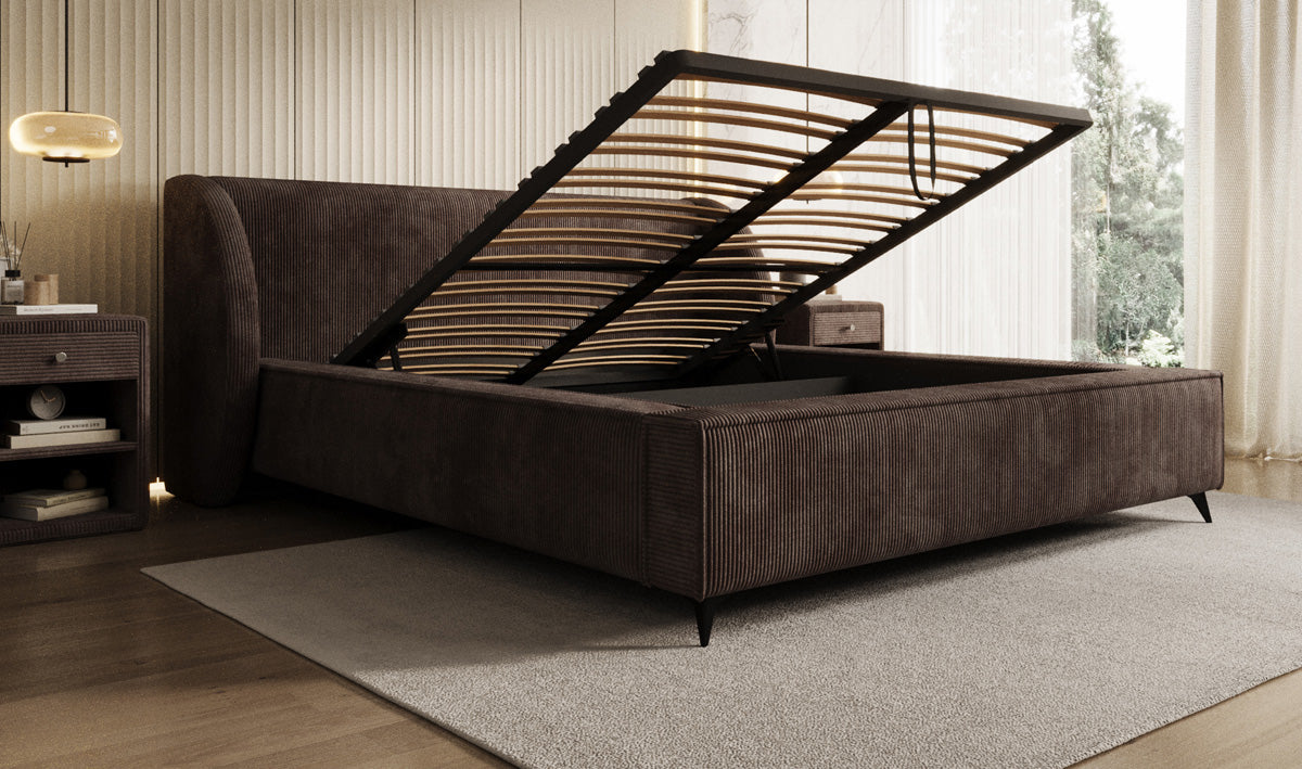 Designer gestoffeerd bed Freya Ribstof met opbergruimte
