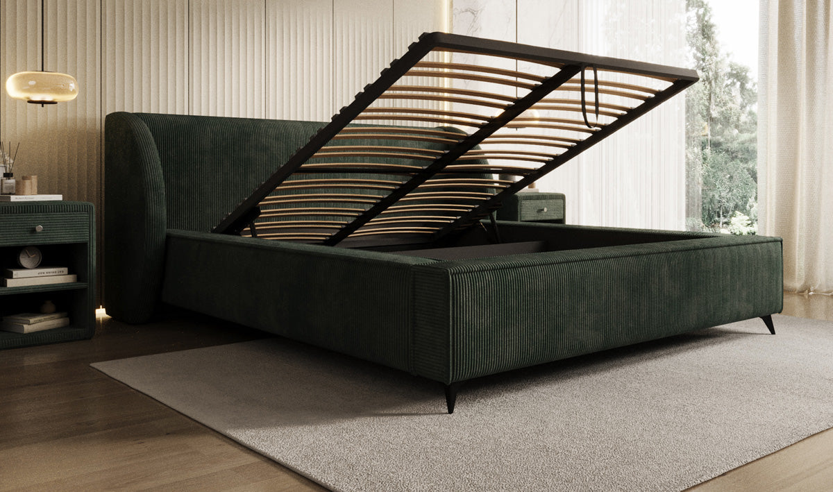 Designer gestoffeerd bed Freya Ribstof met opbergruimte