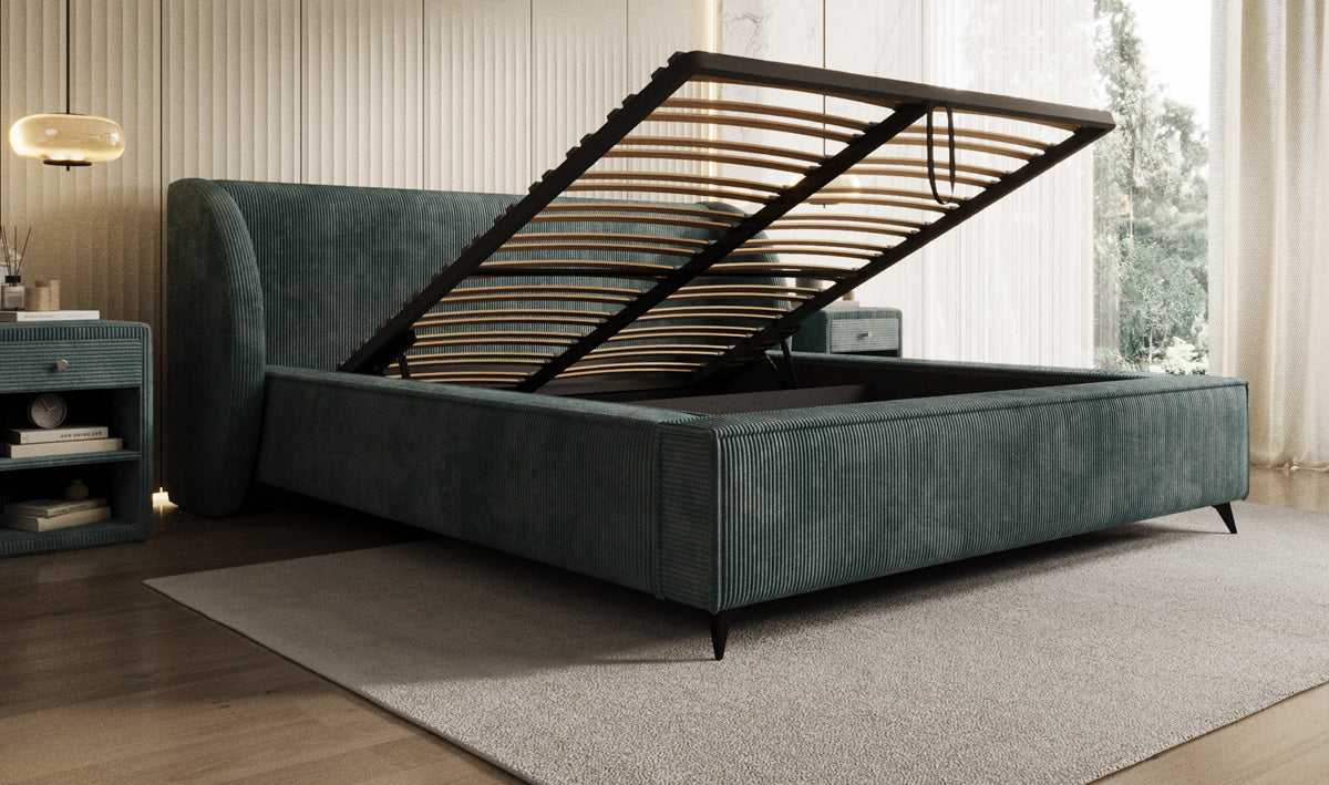 Designer gestoffeerd bed Freya Ribstof met opbergruimte