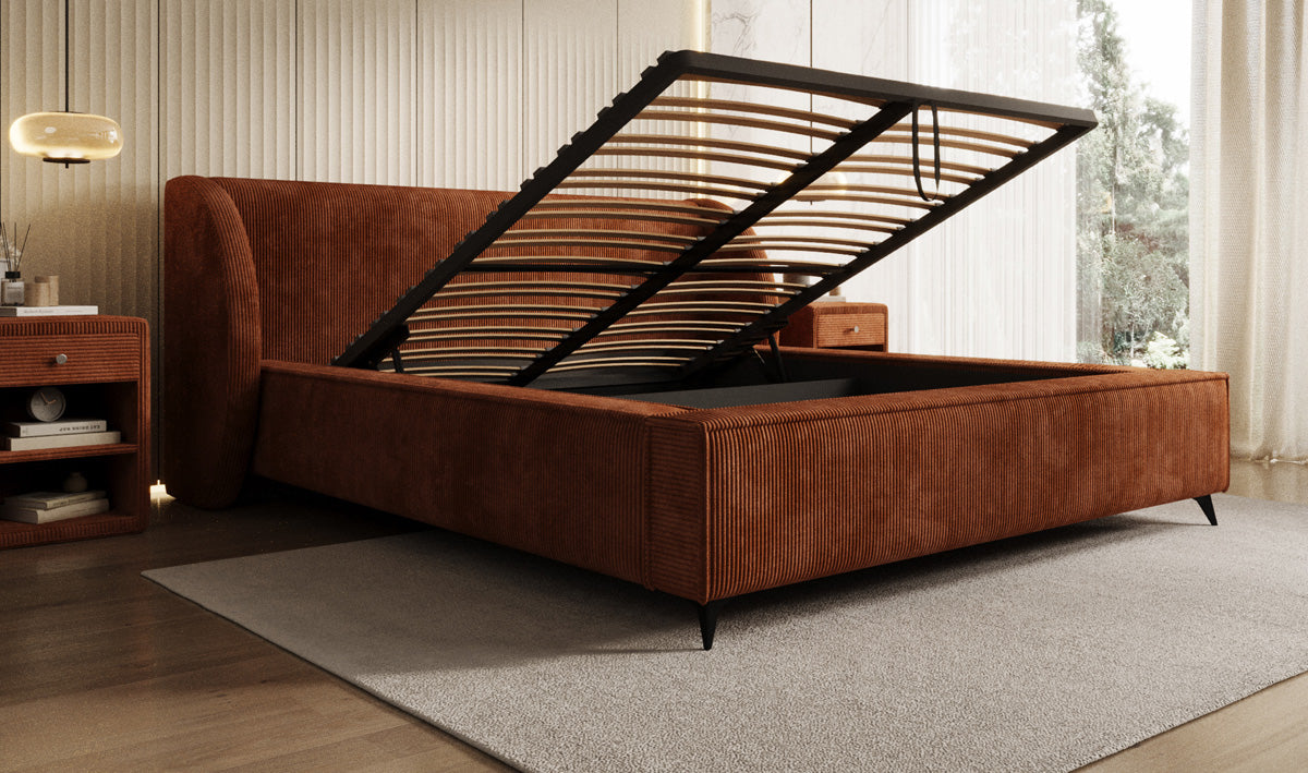 Designer gestoffeerd bed Freya Ribstof met opbergruimte