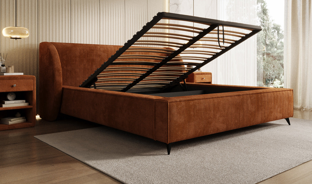 Designer gestoffeerd bed Freya Ribstof met opbergruimte