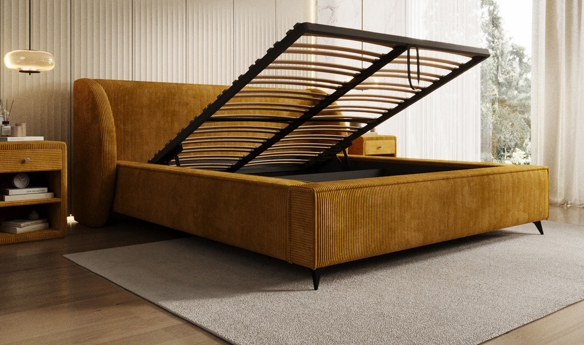 Designer gestoffeerd bed Freya Ribstof met opbergruimte