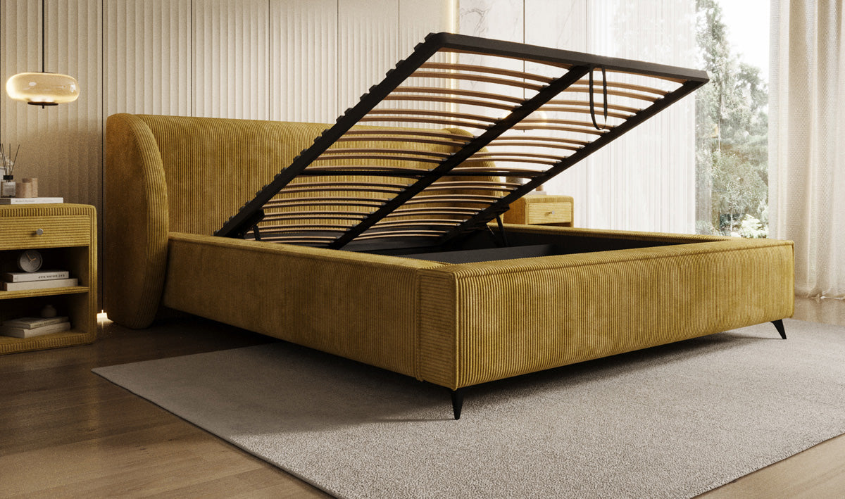 Designer gestoffeerd bed Freya Ribstof met opbergruimte