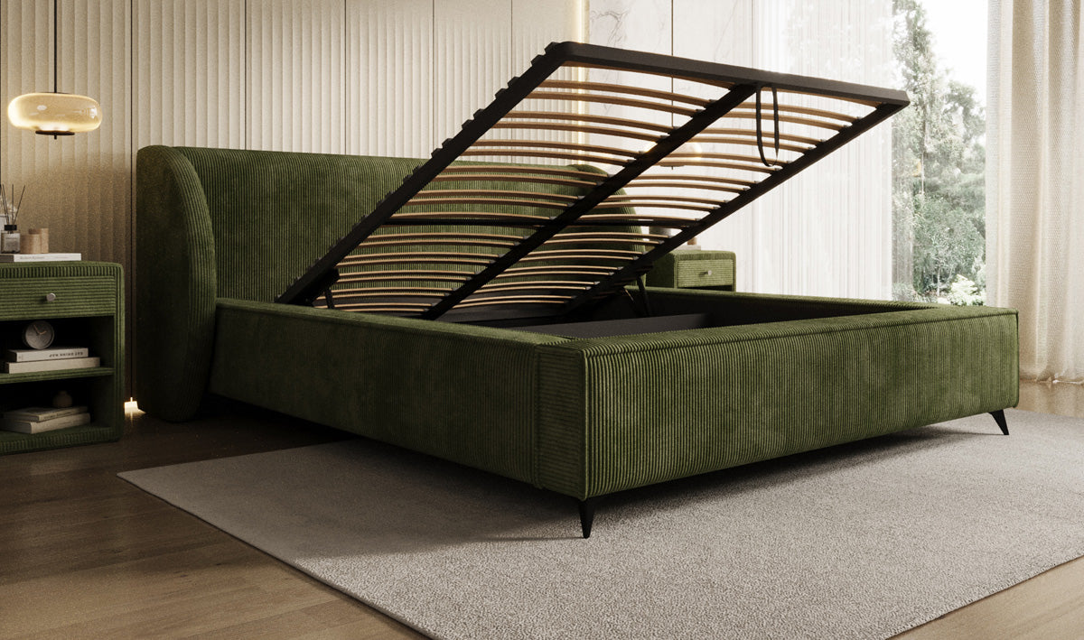 Designer gestoffeerd bed Freya Ribstof met opbergruimte