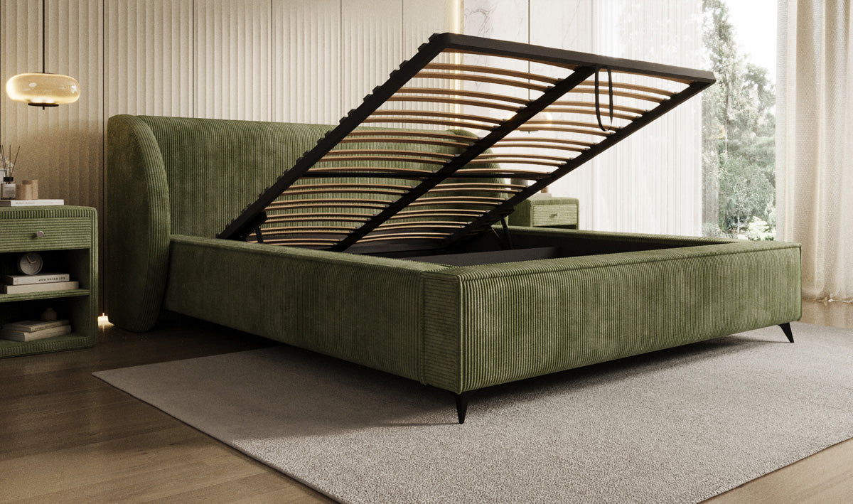 Designer gestoffeerd bed Freya Ribstof met opbergruimte
