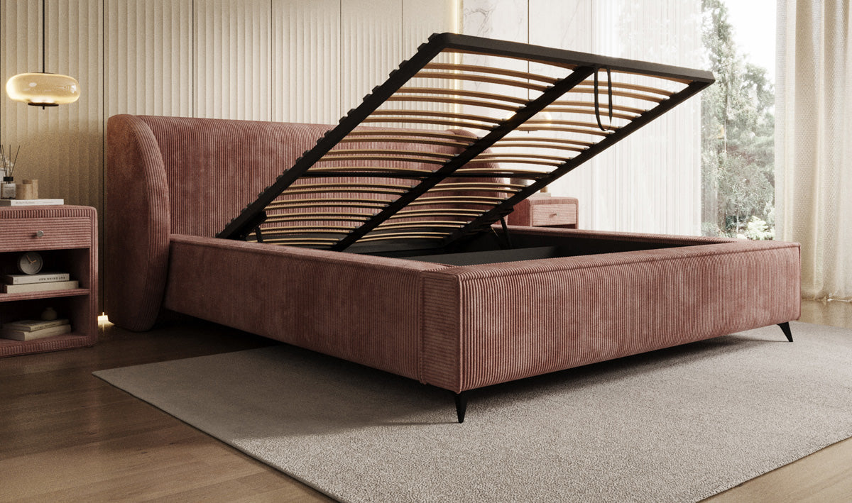 Designer gestoffeerd bed Freya Ribstof met opbergruimte
