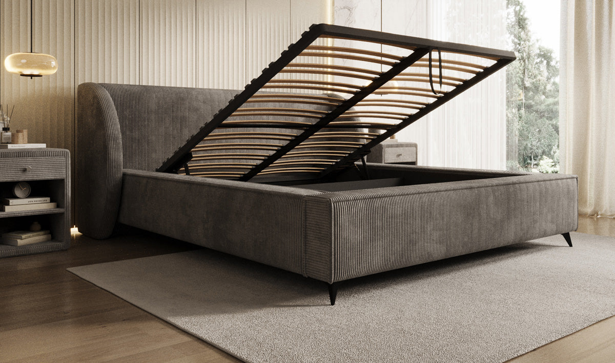 Designer gestoffeerd bed Freya Ribstof met opbergruimte