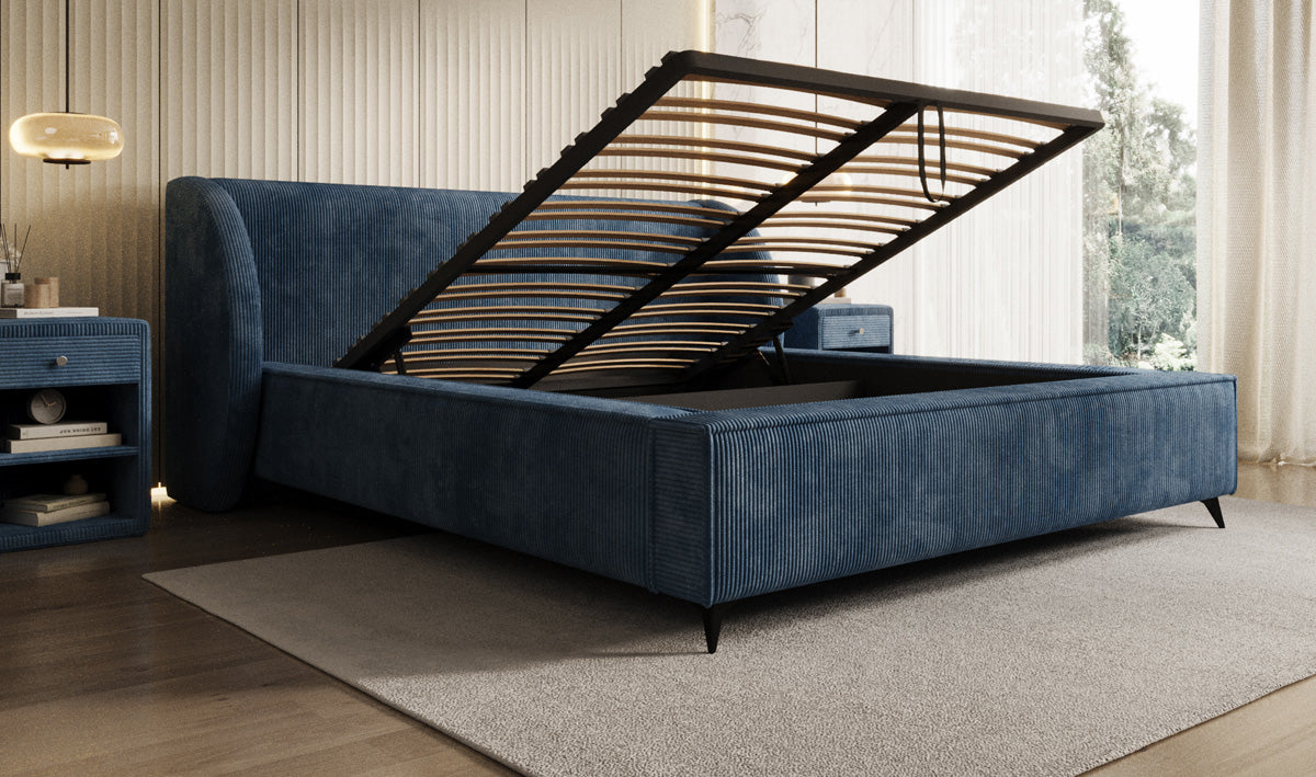 Designer gestoffeerd bed Freya Ribstof met opbergruimte