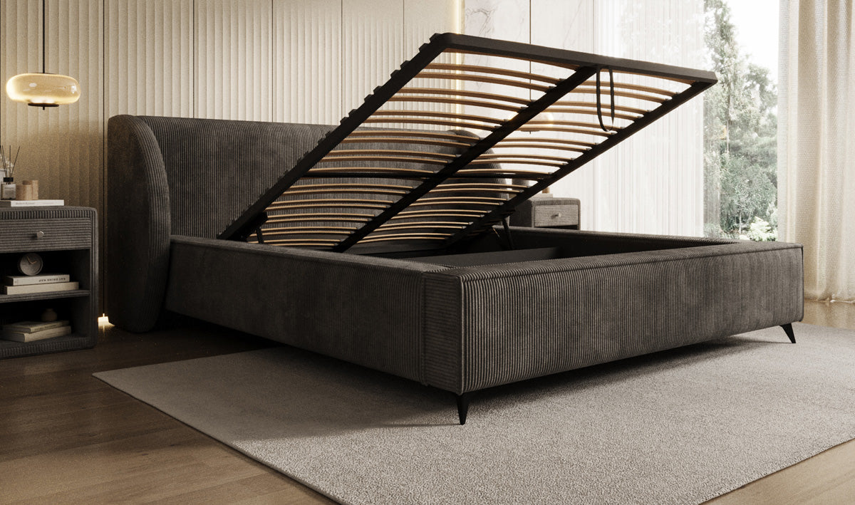 Designer gestoffeerd bed Freya Ribstof met opbergruimte