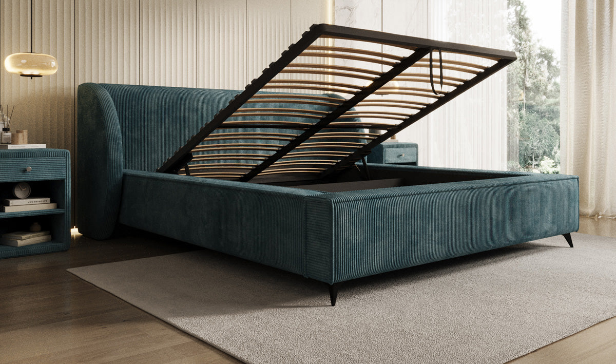 Designer gestoffeerd bed Freya Ribstof met opbergruimte