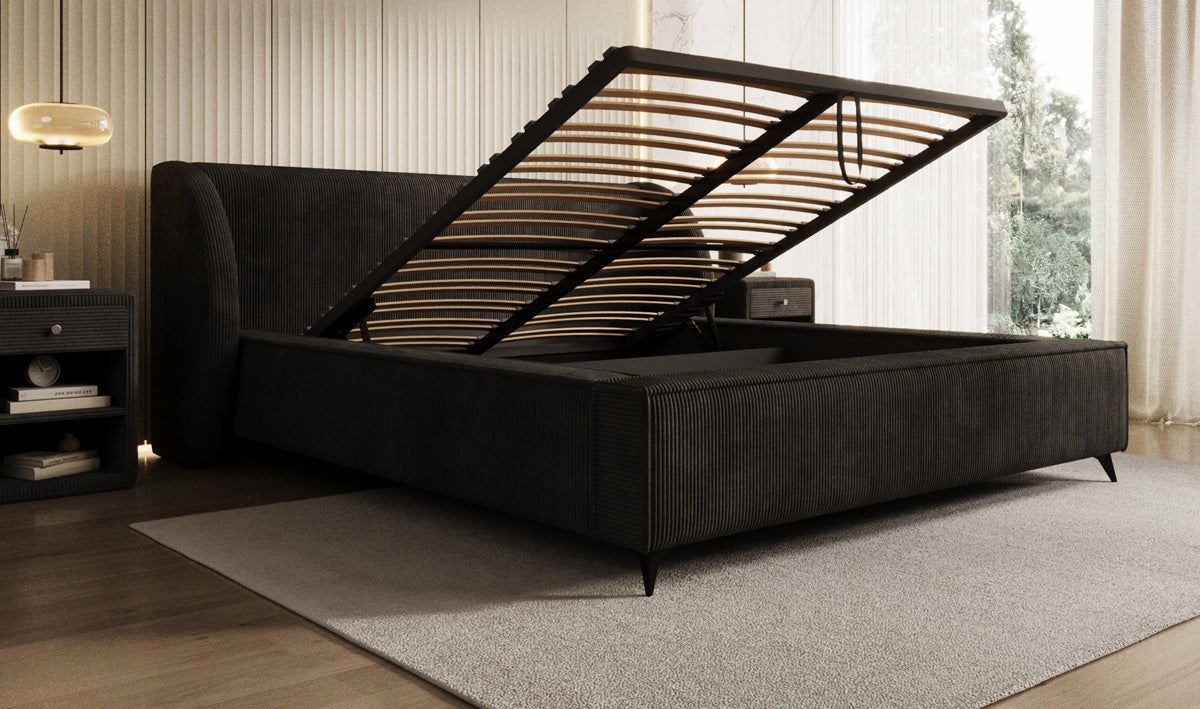 Designer gestoffeerd bed Freya Ribstof met opbergruimte