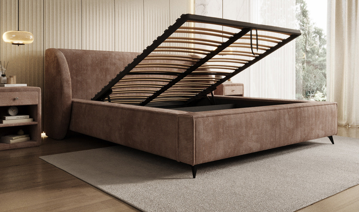 Designer gestoffeerd bed Freya Ribstof met opbergruimte