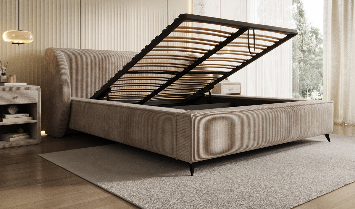 Designer gestoffeerd bed Freya Ribstof met opbergruimte