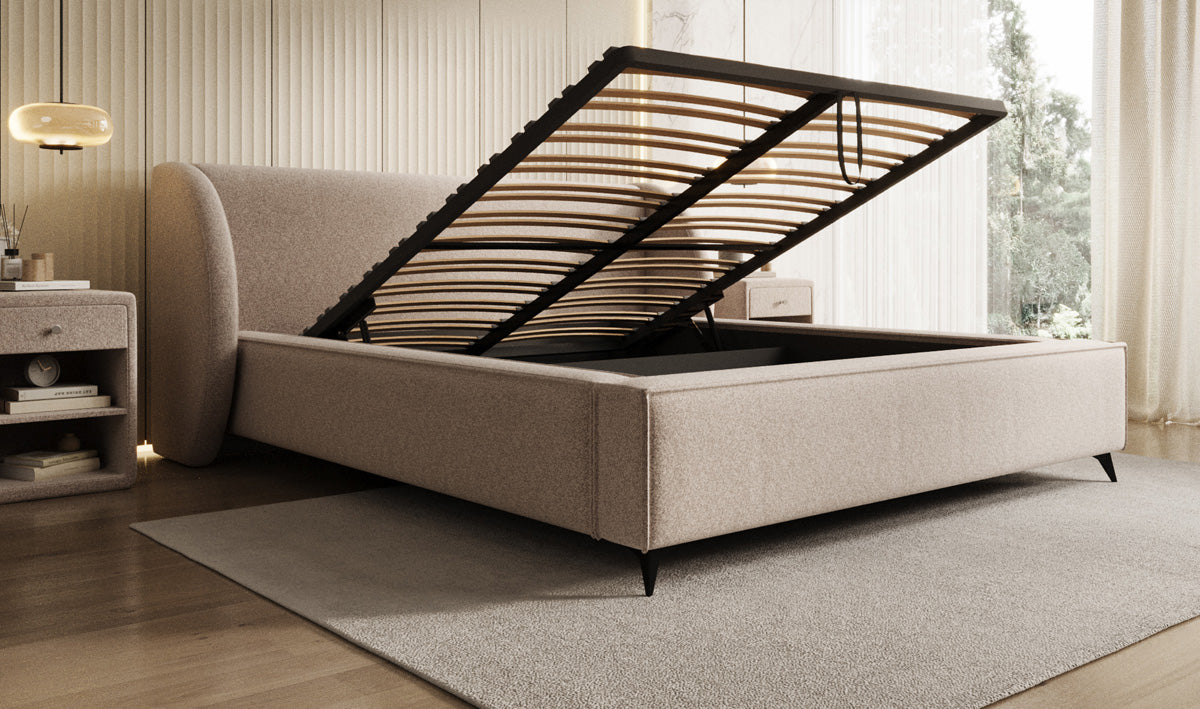 Designer gestoffeerd bed Freya in structuurstof met opbergruimte