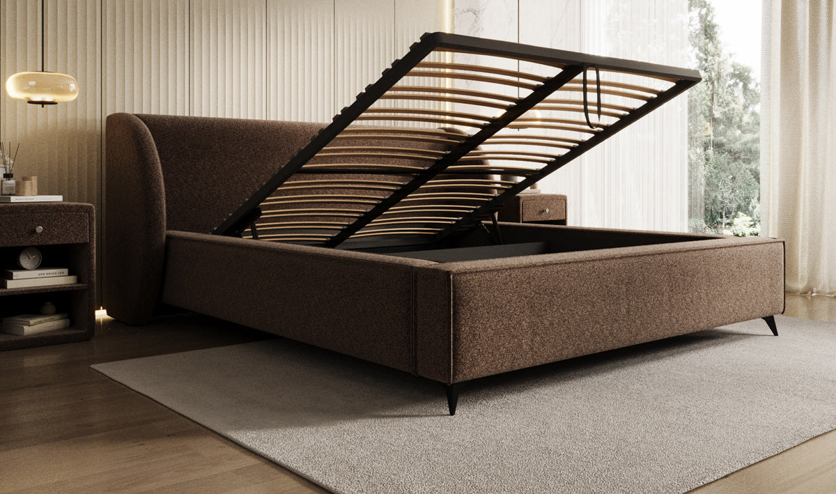 Designer gestoffeerd bed Freya in structuurstof met opbergruimte