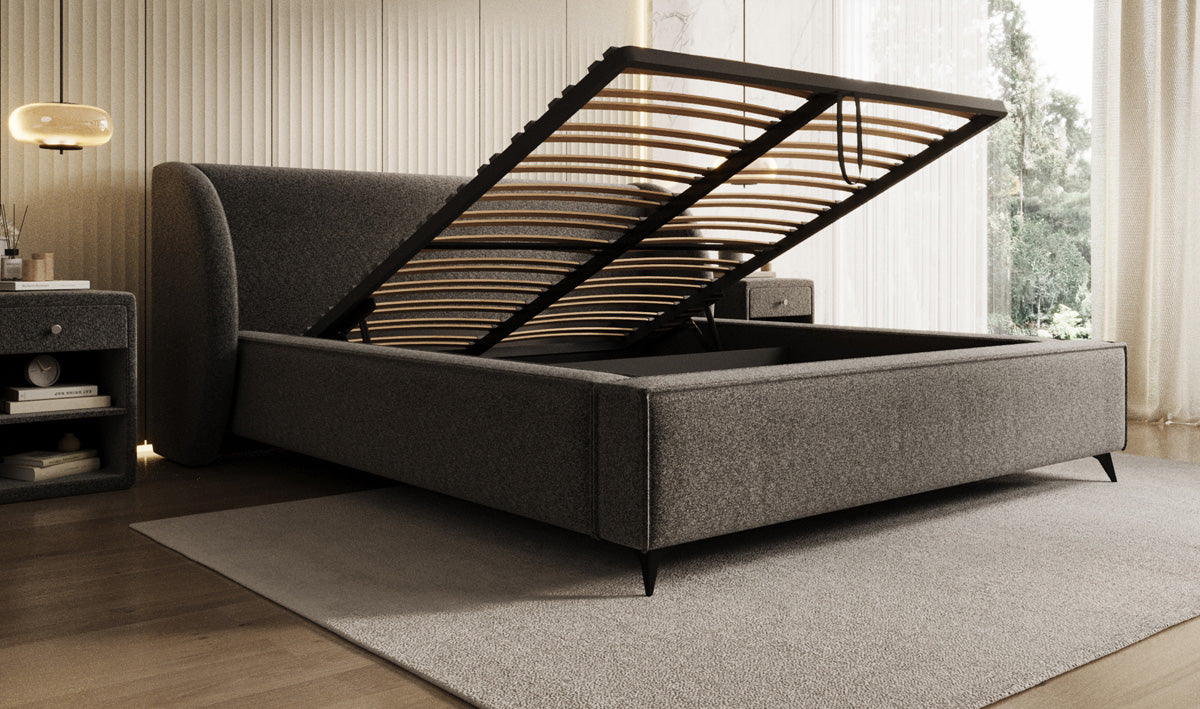 Designer gestoffeerd bed Freya in structuurstof met opbergruimte