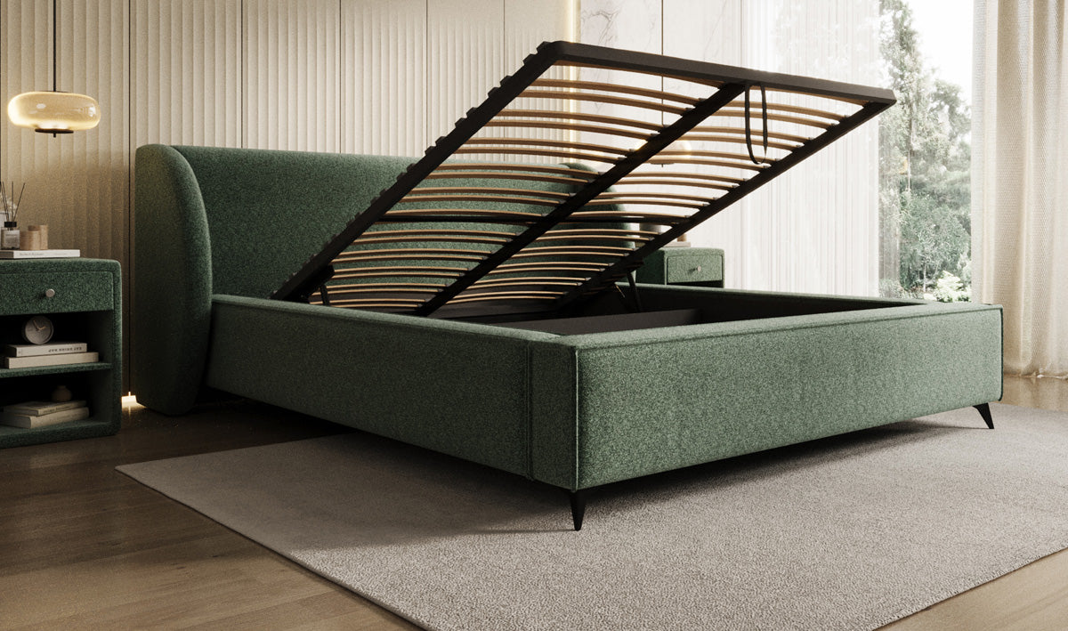Designer gestoffeerd bed Freya in structuurstof met opbergruimte
