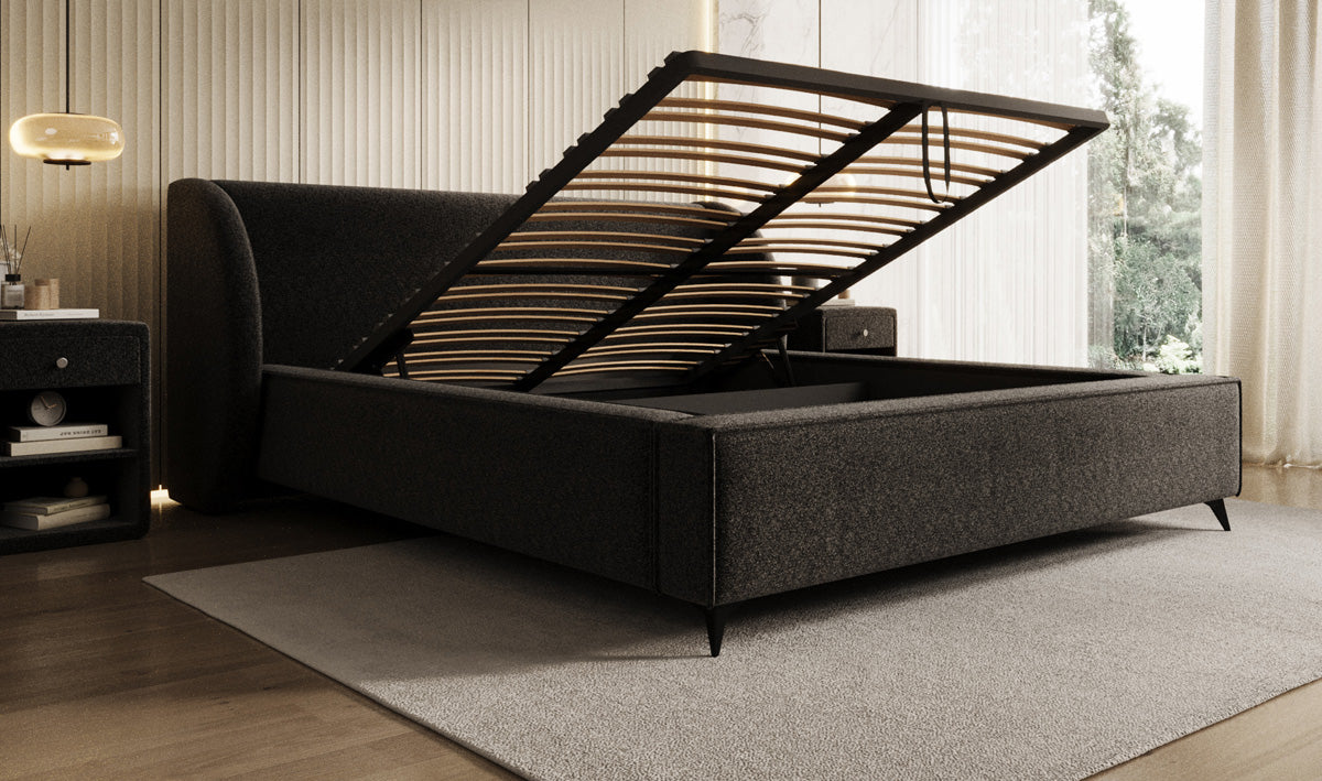 Designer gestoffeerd bed Freya in structuurstof met opbergruimte