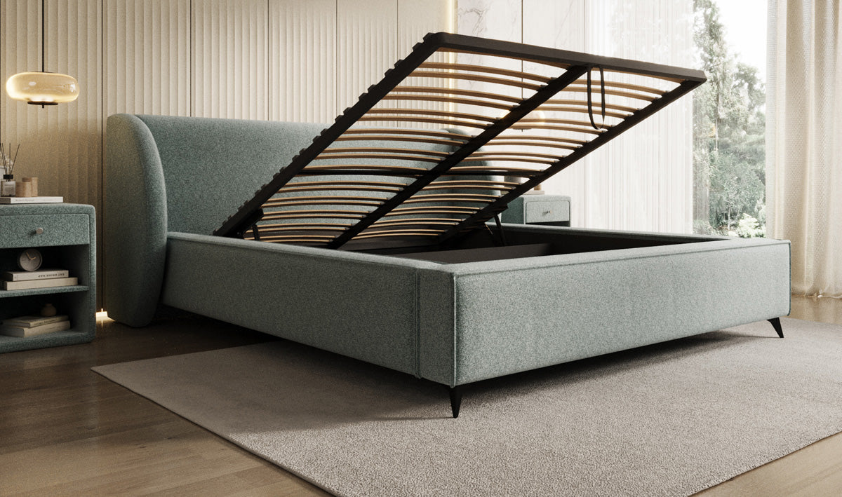 Designer gestoffeerd bed Freya in structuurstof met opbergruimte