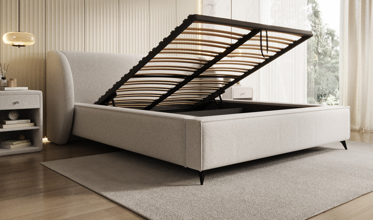 Designer gestoffeerd bed Freya in structuurstof met opbergruimte