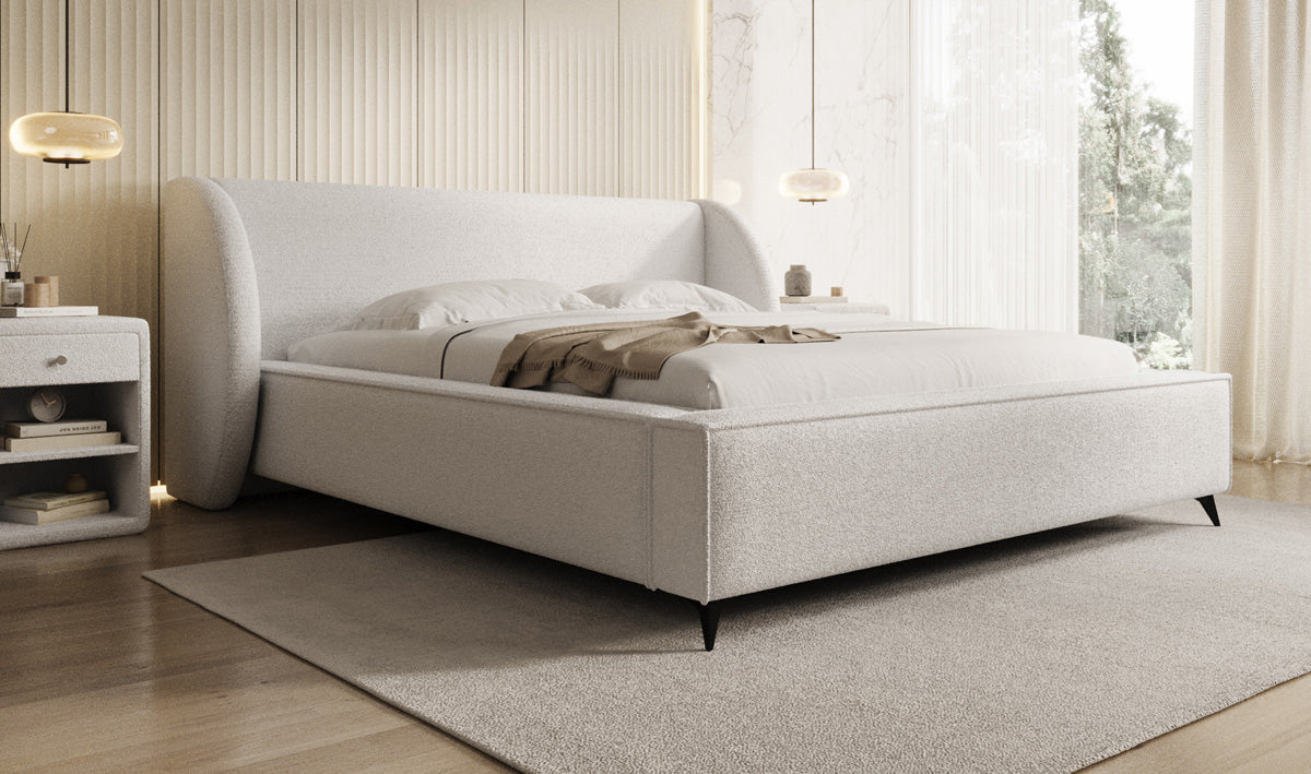 Design gestoffeerd bed Freya in Teddystof Bouclé met opbergruimte