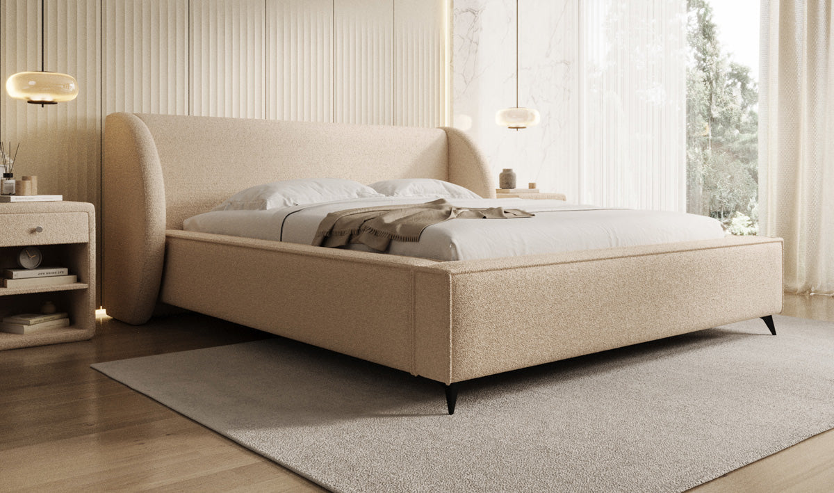 Design gestoffeerd bed Freya in Teddystof Bouclé met opbergruimte