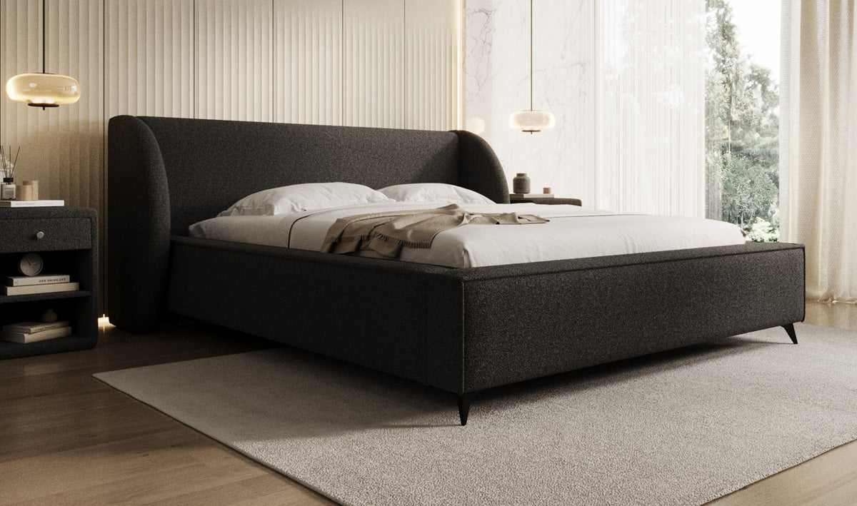 Design gestoffeerd bed Freya in Teddystof Bouclé met opbergruimte