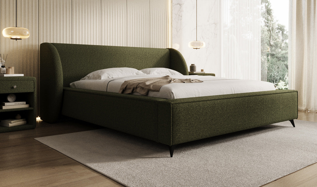 Design gestoffeerd bed Freya in Teddystof Bouclé met opbergruimte