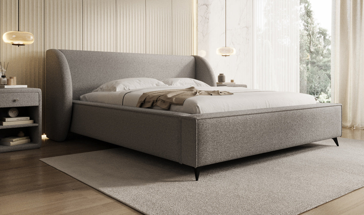 Design gestoffeerd bed Freya in Teddystof Bouclé met opbergruimte