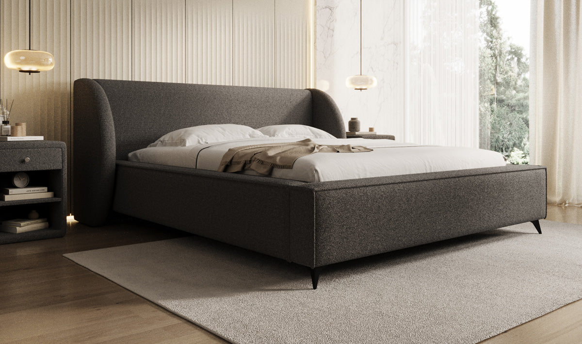 Design gestoffeerd bed Freya in Teddystof Bouclé met opbergruimte