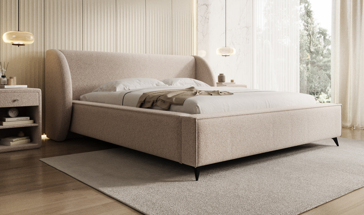 Designer gestoffeerd bed Freya in structuurstof met opbergruimte