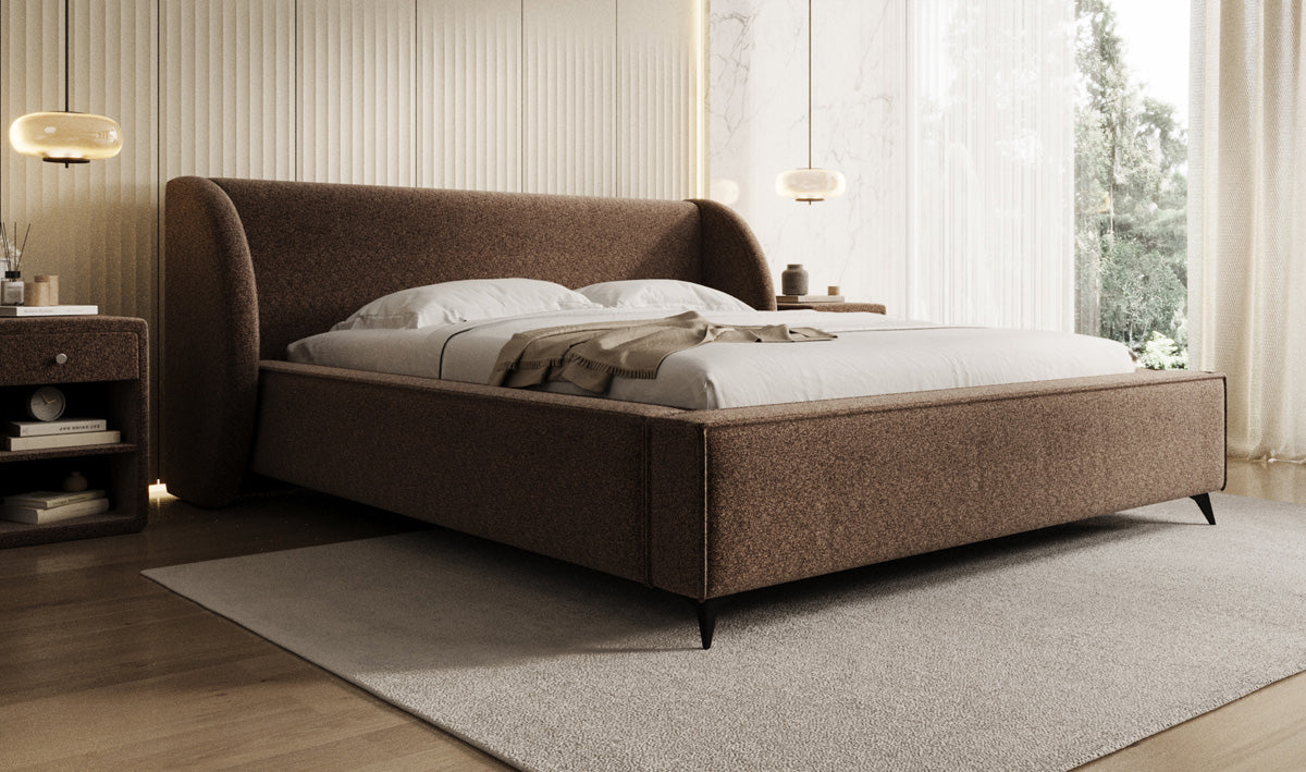 Designer gestoffeerd bed Freya in structuurstof met opbergruimte