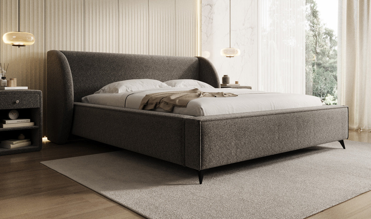 Designer gestoffeerd bed Freya in structuurstof met opbergruimte