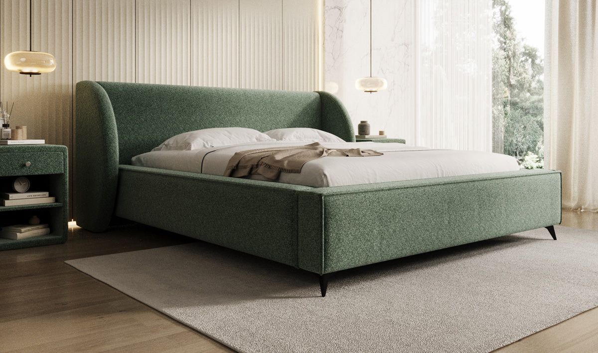 Designer gestoffeerd bed Freya in structuurstof met opbergruimte