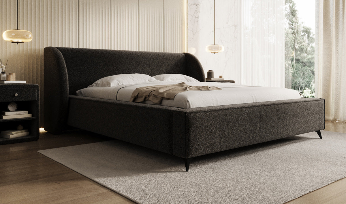 Designer gestoffeerd bed Freya in structuurstof met opbergruimte