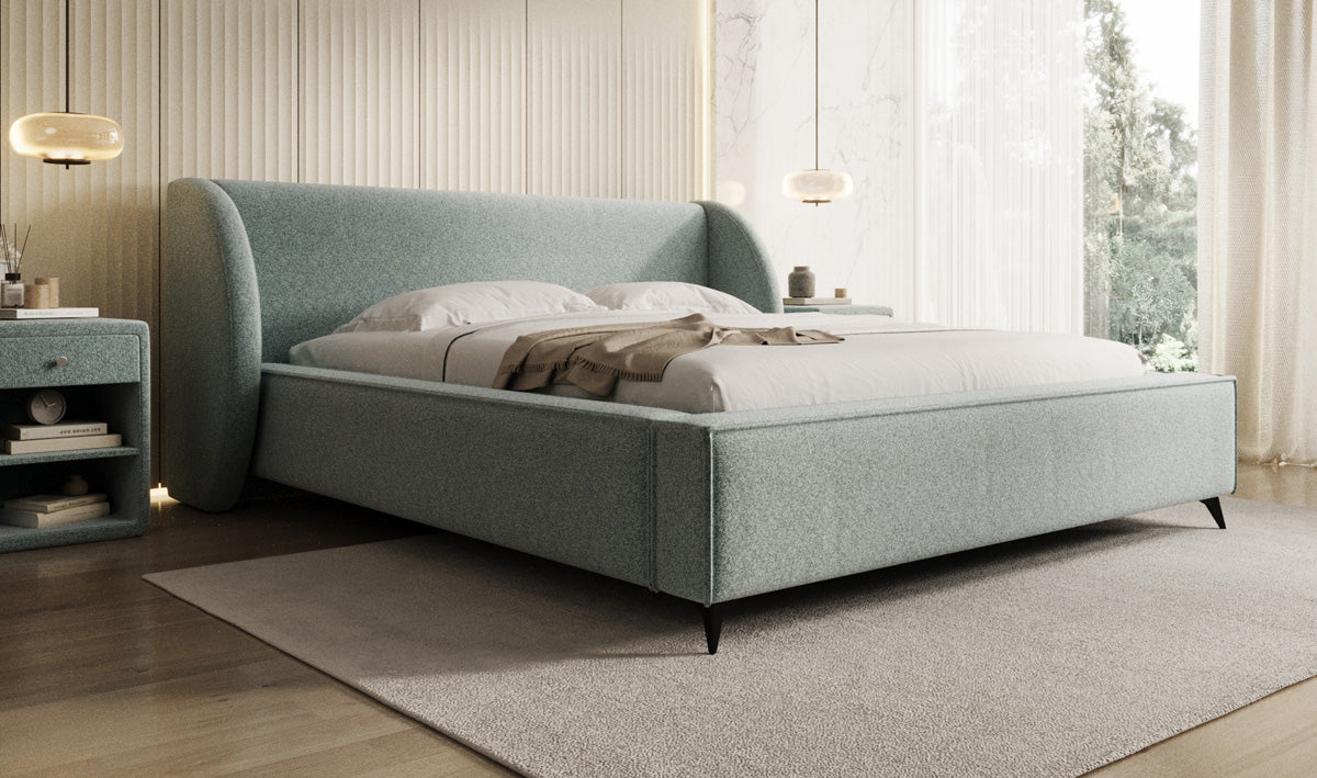 Designer gestoffeerd bed Freya in structuurstof met opbergruimte