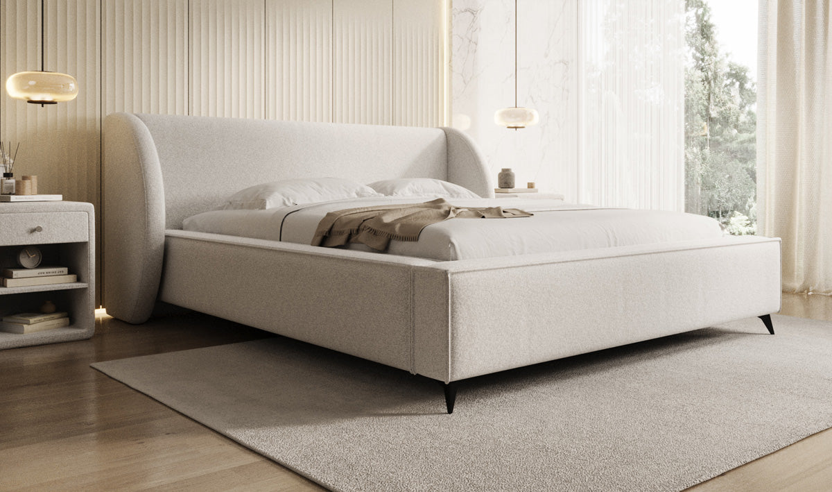 Designer gestoffeerd bed Freya in structuurstof met opbergruimte