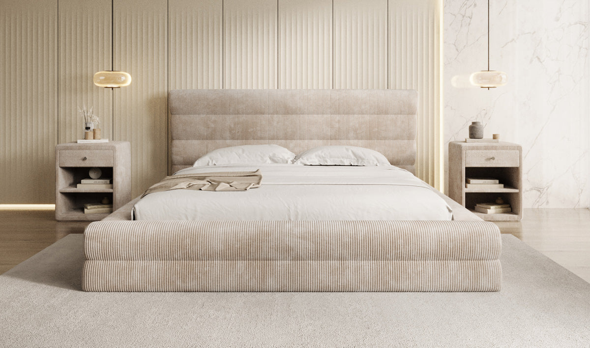 Design gestoffeerd bed Maren Ribstof met opbergruimte