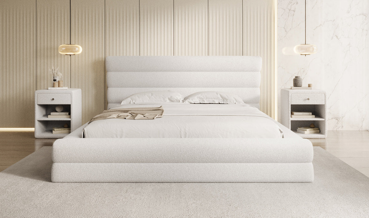 Design gestoffeerd bed Maren in Teddystof Bouclé met opbergruimte