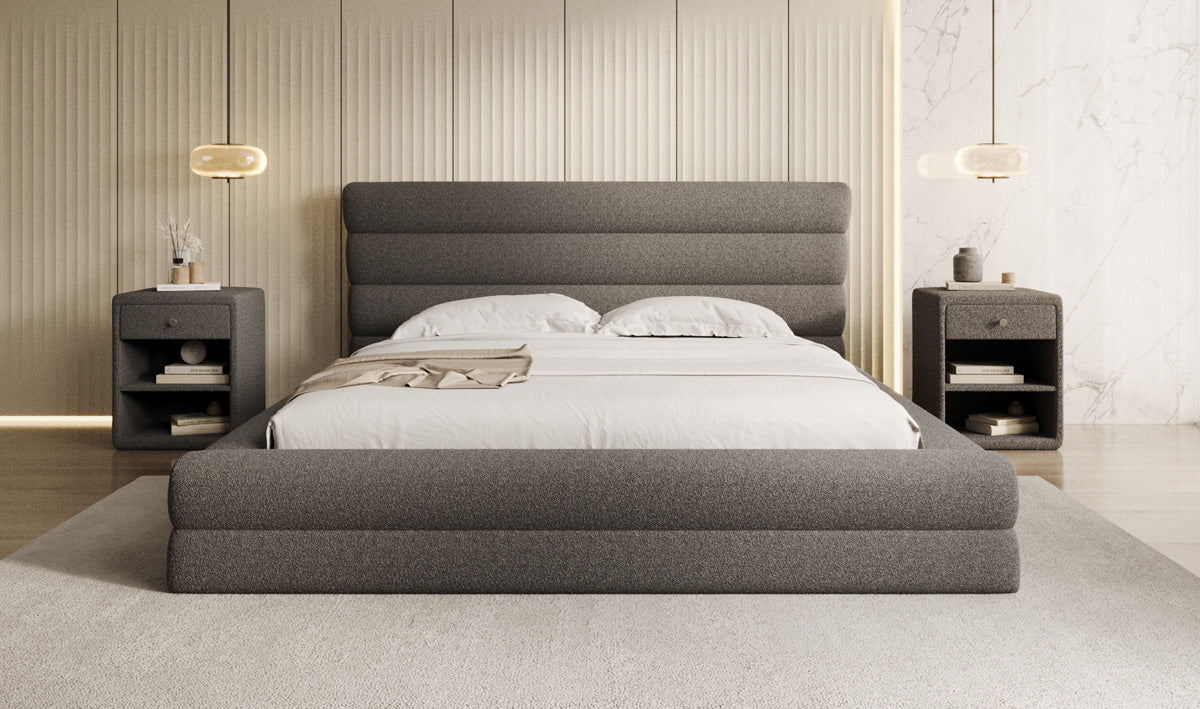 Design gestoffeerd bed Maren in Teddystof Bouclé met opbergruimte