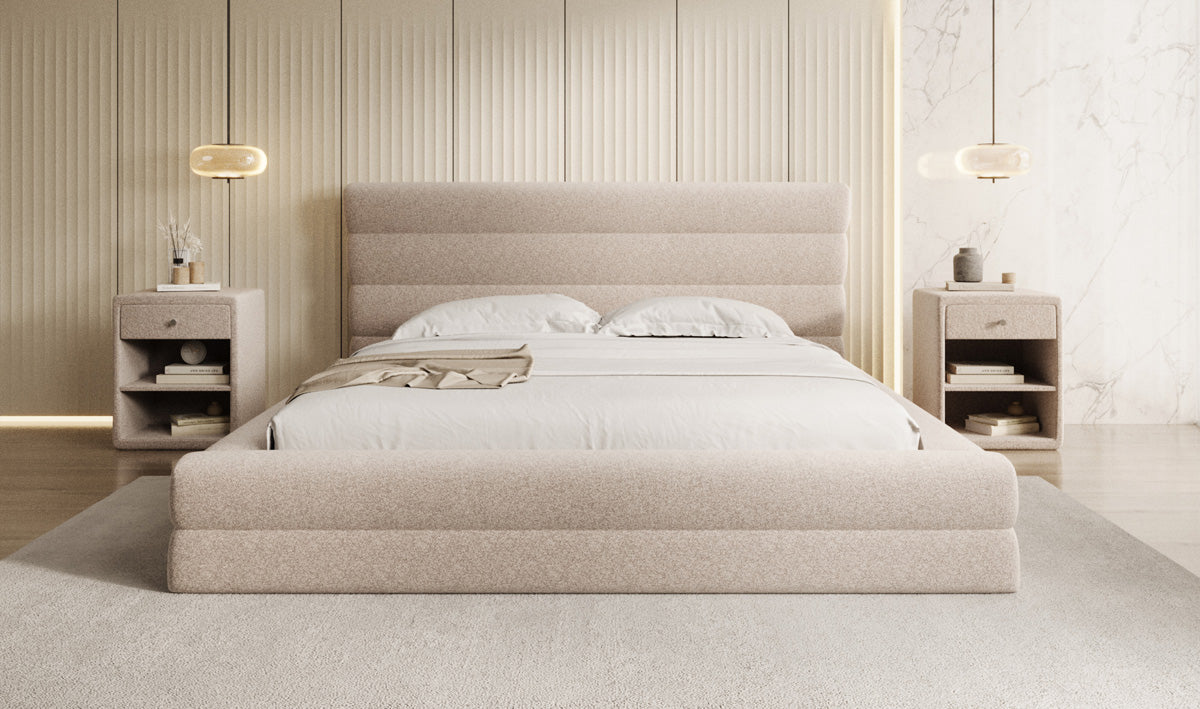 Design gestoffeerd bed Maren in structuurstof met opbergruimte