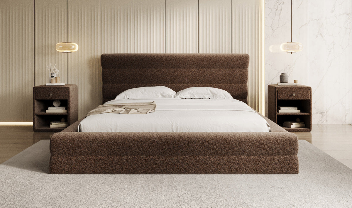 Design gestoffeerd bed Maren in structuurstof met opbergruimte