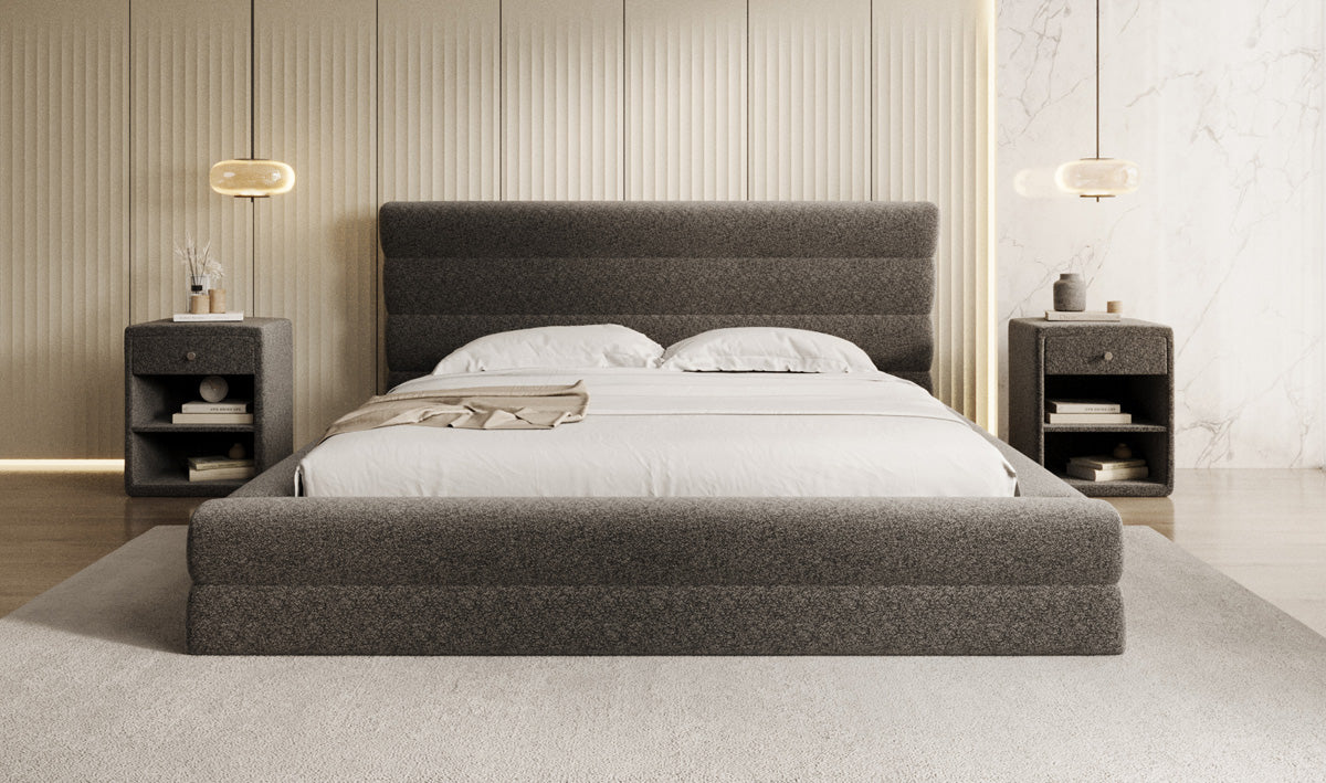 Design gestoffeerd bed Maren in structuurstof met opbergruimte