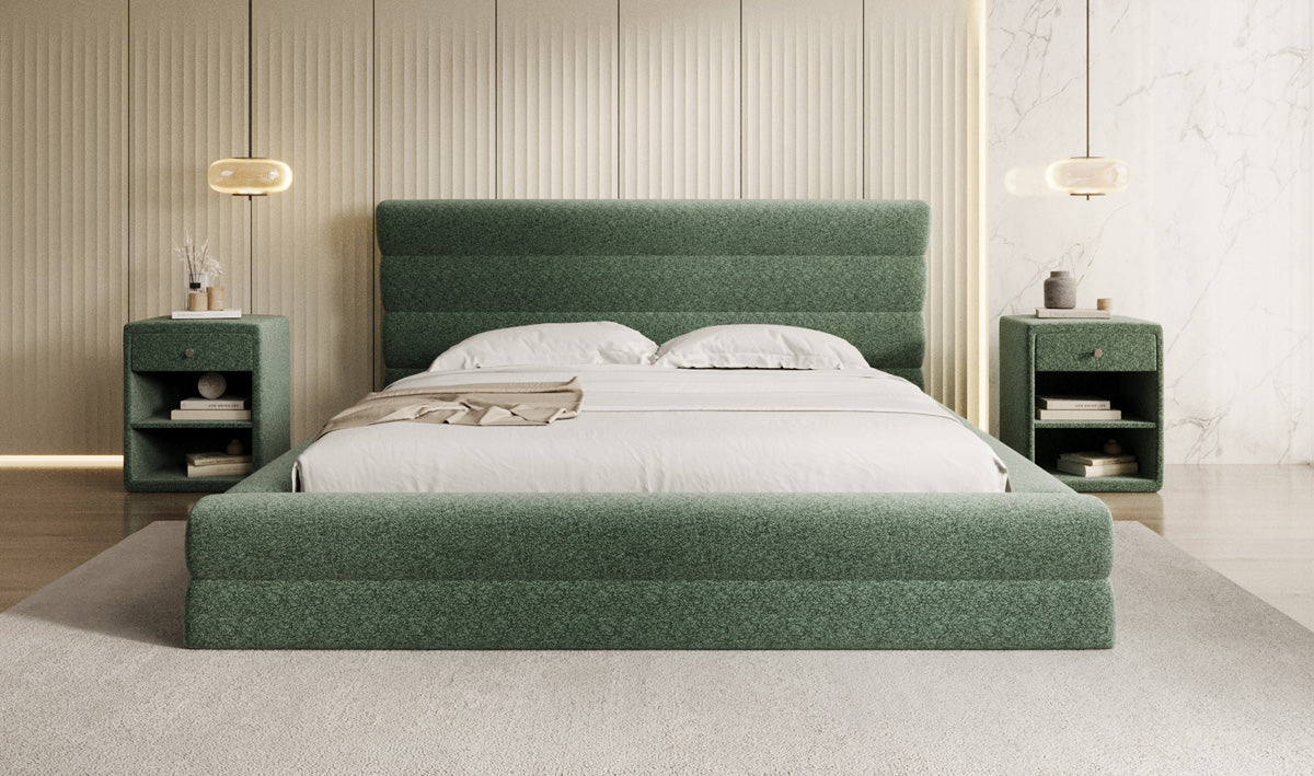 Design gestoffeerd bed Maren in structuurstof met opbergruimte