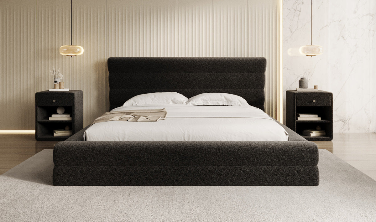 Design gestoffeerd bed Maren in structuurstof met opbergruimte