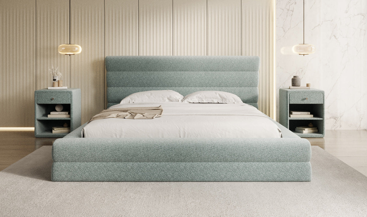 Design gestoffeerd bed Maren in structuurstof met opbergruimte