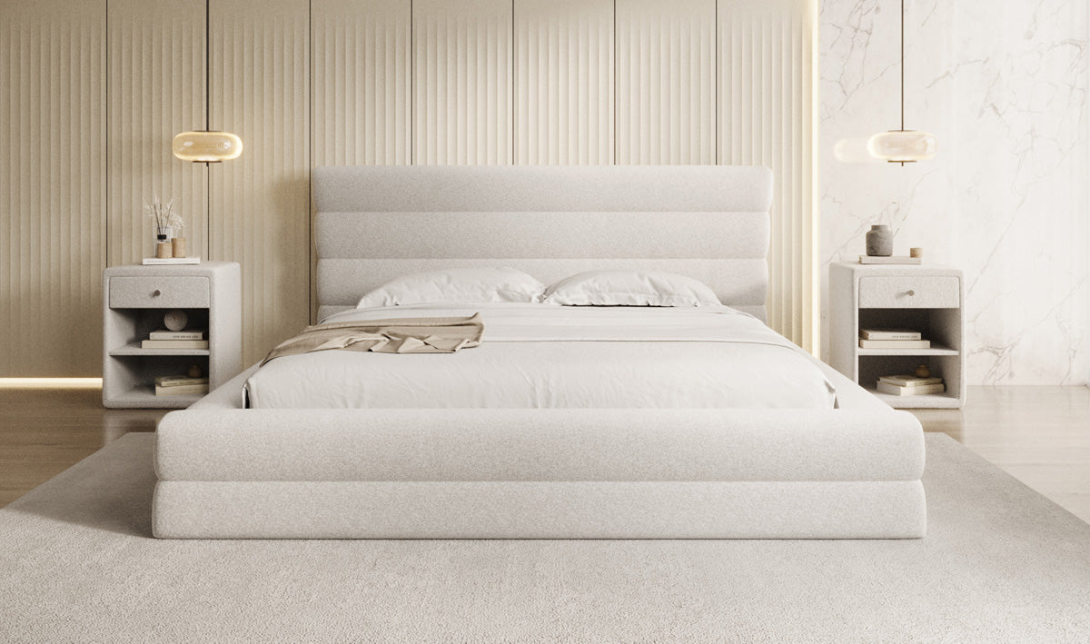 Design gestoffeerd bed Maren in structuurstof met opbergruimte