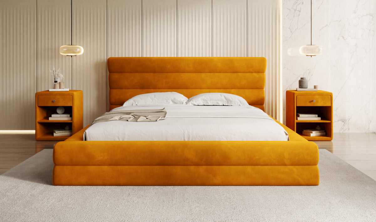 Designer gestoffeerd bed Maren in Fluweel met opbergruimte