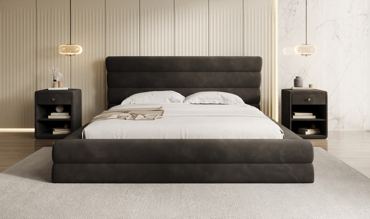 Designer gestoffeerd bed Maren in Fluweel met opbergruimte