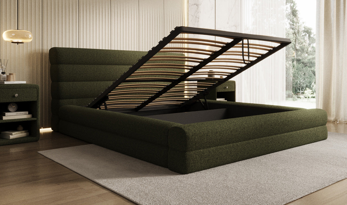 Design gestoffeerd bed Maren in Teddystof Bouclé met opbergruimte